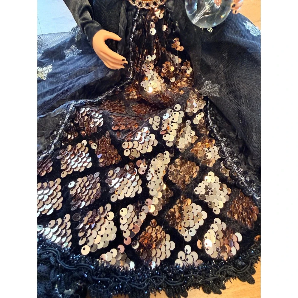 Halloween Sitting Witch Doll Sequined Gown‎ Crystal Ball Decor Black Copper 24
